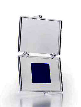A small square of blue Graphene in a small, hinged, clear plastic case.